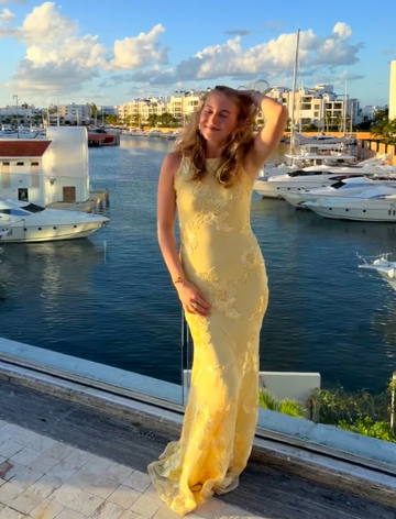 Niulatu Spaghetti Strap Sheath Long Prom Dresses Tulle Applique Yellow Wedding Guest Dresses HZ1026